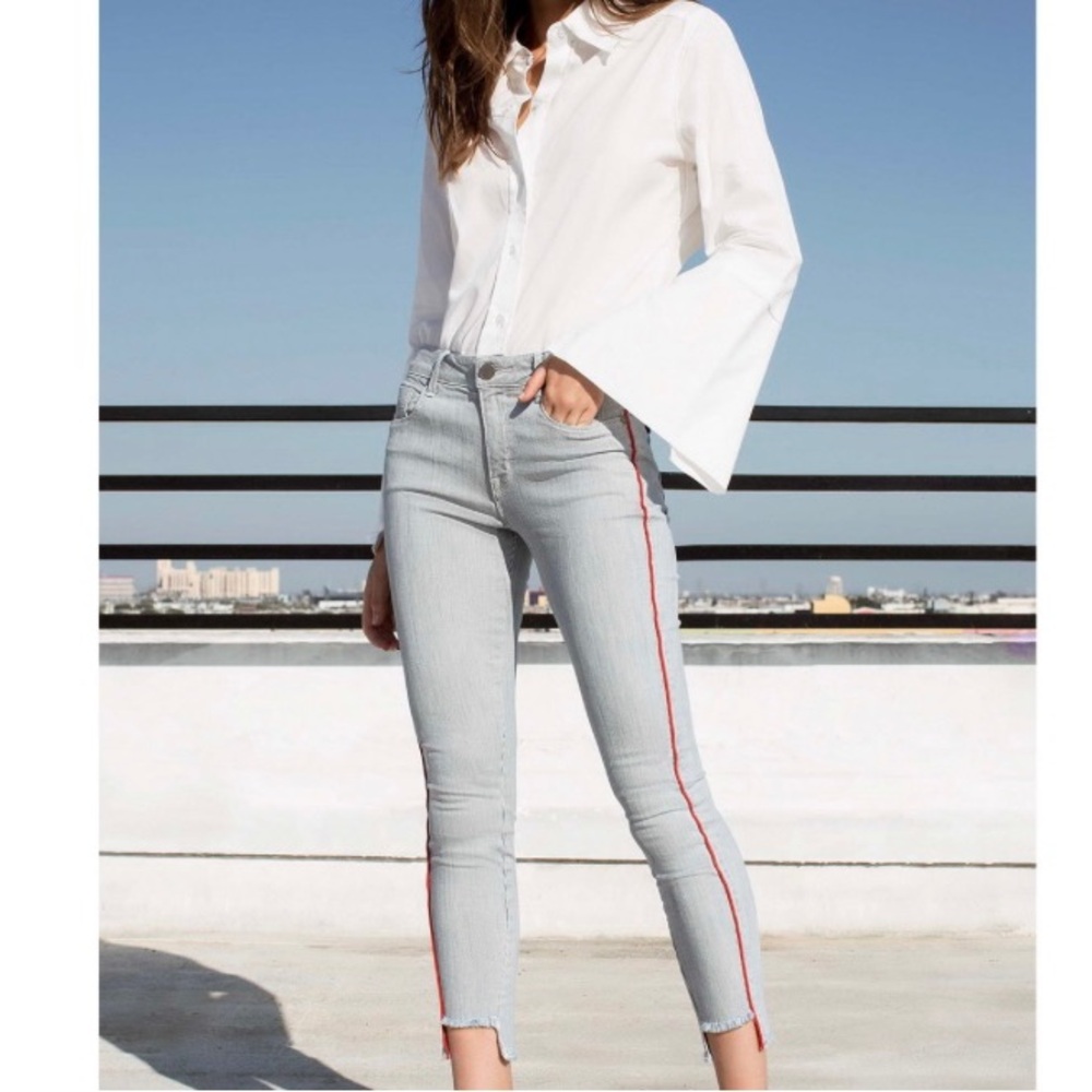 Red Stripe Crop Frayed Hem Jeans